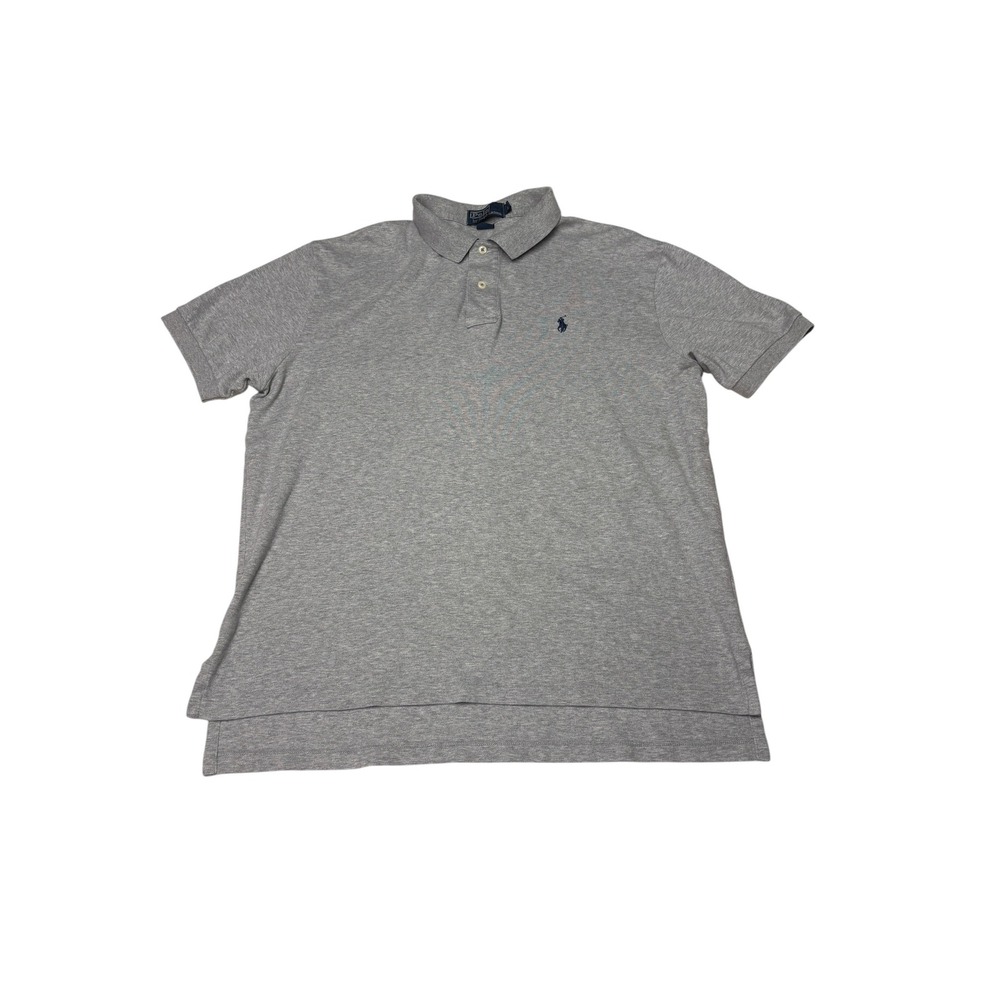 Polo Ralph Lauren Mens Large Gray Short Sleeve Cotton Polo Shirt Navy Blue Pony